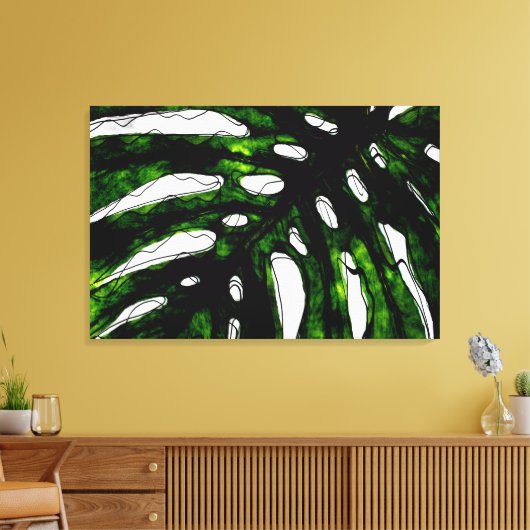 Pen en Groene Inkt Monstera Leaf Tekening Canvas Afdruk (Insitu (Woonkamer))