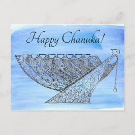  Pen en Inkt Chanoeka Menorah op Blauw Briefkaart