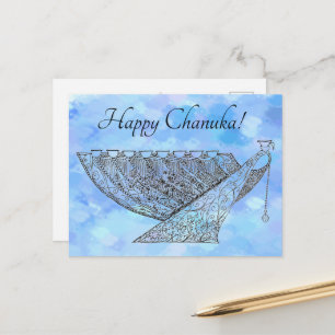  Pen en Inkt Chanoeka Menorah op Blauwe Stippen Briefkaart
