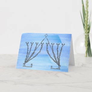 Pen en Inkt Fancy Chanukah Menorah op blauw veld Feestdagen Kaart