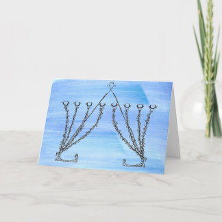 Pen en Inkt Fancy Chanukah Menorah op blauw veld Feestdagen Kaart