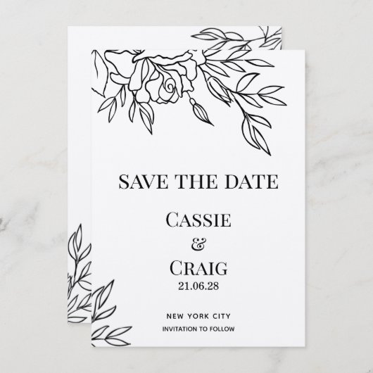 Pen & Ink Roos bruiloft Bewaar de datum Kaart (Voorkant / Achterkant)