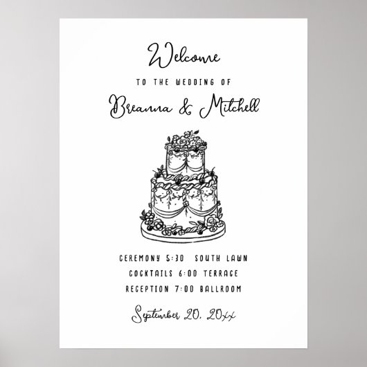 Pen inkt grillige hand getrokken taart bruiloft we poster (Voorkant)