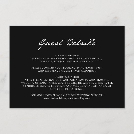 Pen Script minimalistisch zwart bruiloft gast deta Informatiekaartje (Voorkant)