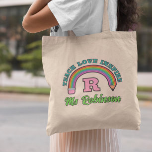 Pencil Rainbow Teach Love Inspire Monogram Tote Bag