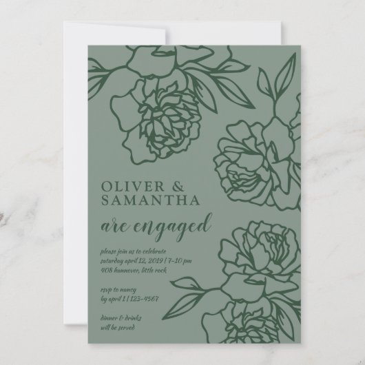 Penciled Peonies Emerald Green Engagement Party Kaart (Voorkant)