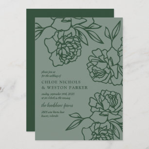 Penciled Peonies Modern Emerald Green Wedding Kaart