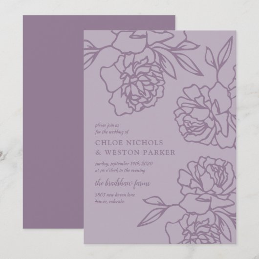 Penciled Peonies Modern Lavender Wedding Kaart (Voorkant / Achterkant)