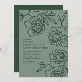 Penciled Pioenen Modern Emerald Green Wedding Kaart