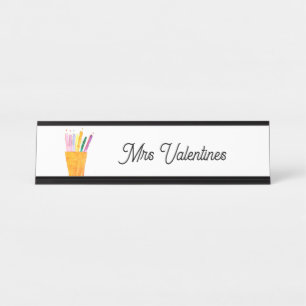 Pencils Waterverf Leraar School Leuk Modern Bureau Naambordje
