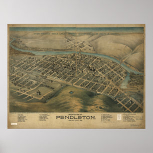 Pendleton Oregon 1890 Antiek Panoramische Kaart Poster