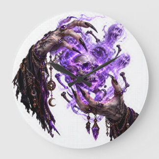 Pendule murale crâne violet brûlant mains de sorci