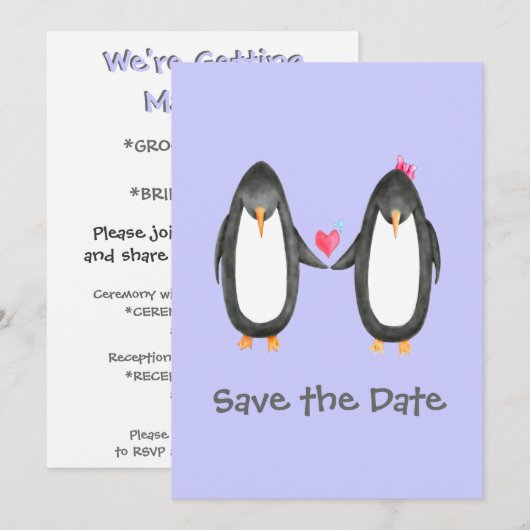 Pengin Luv Wedding Invite Save The Date (Voorkant / Achterkant)