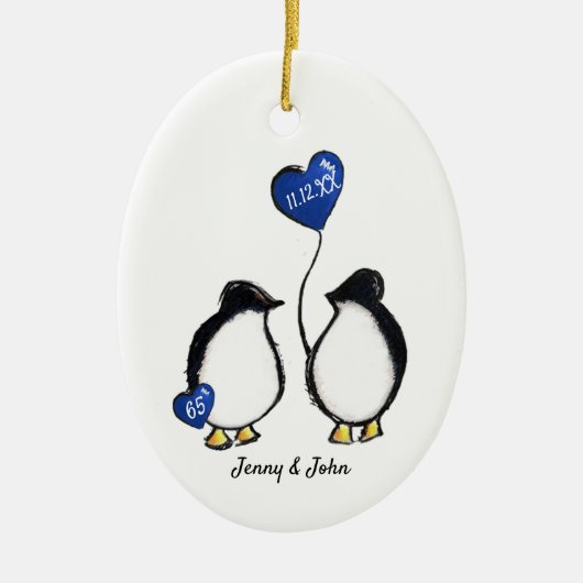 Penguin 65th sapphire bruiloft keramisch ornament (Voorkant)