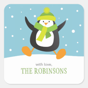 Penguin aime la neige   Stickers Cadeaux carrés