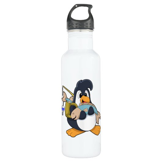Penguin als Angler met vis Waterfles (Voorkant)