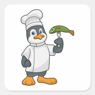 Penguin als Cook met schort voor vis en koken Vierkante Sticker