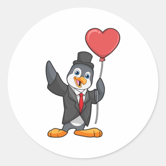 Penguin als Groom met Heart Ballon Ronde Sticker (Voorkant)