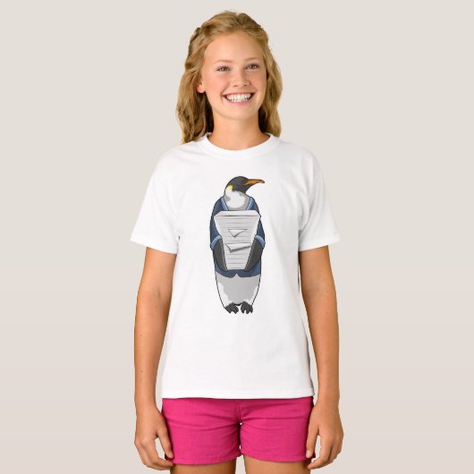 Penguin als secretaris met papier t-shirt (Voorkant volledig)