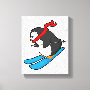 Penguin als Skier met Ski Canvas Afdruk