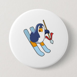 Penguin als Skier met Ski Ronde Button 7,6 Cm