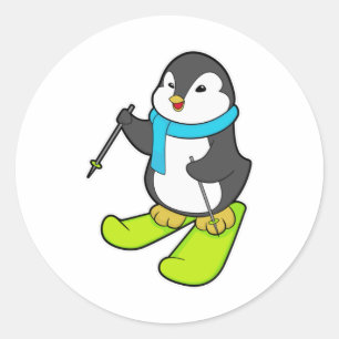 Penguin als Skier met Ski Ronde Sticker