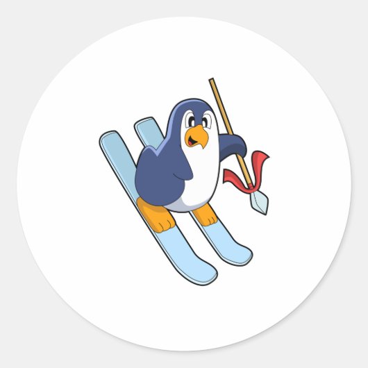 Penguin als Skier met Ski Ronde Sticker (Voorkant)