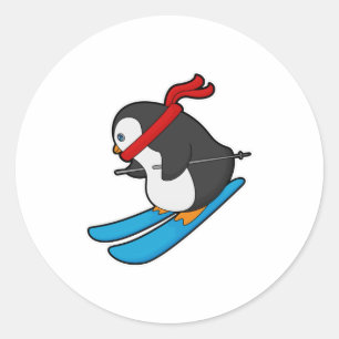 Penguin als Skier met Ski Ronde Sticker