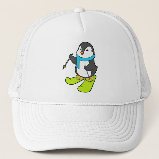 Penguin als Skier met Ski Trucker Pet (Voorkant)