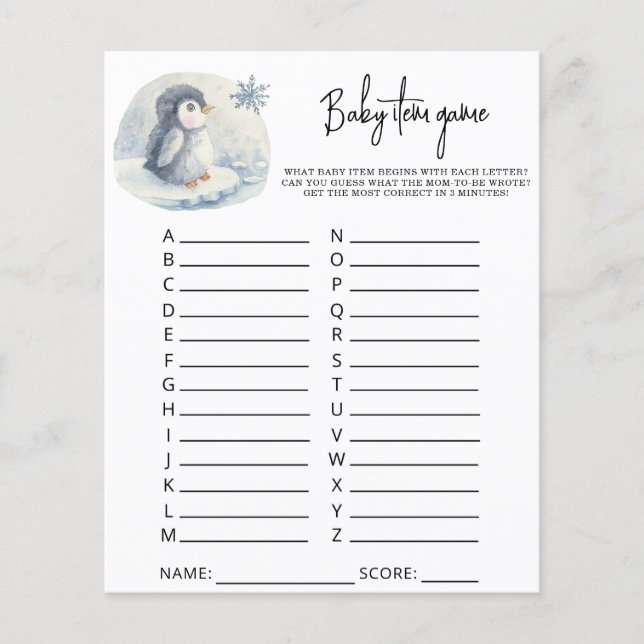 Penguin - Baby Item spel. Baby shower spel (Voorkant)