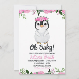 Penguin Baby shower Bloemen Roze Zwart Kaart