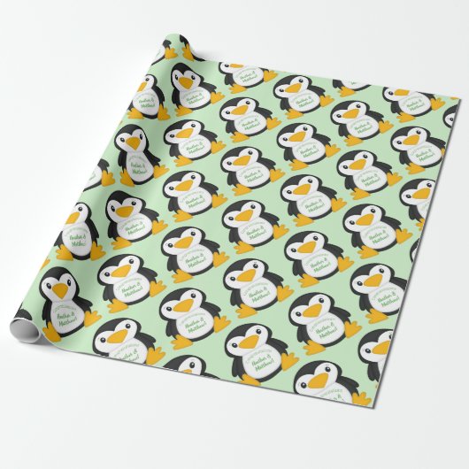 Penguin Baby shower Green Cadeaupapier (Uitgerold)