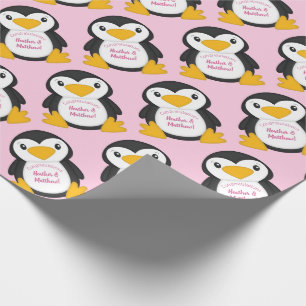 Penguin Baby shower Roze Cadeaupapier