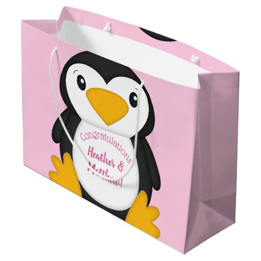 Penguin Baby shower Roze Groot Cadeauzakje (Achterkant Gekanteld)