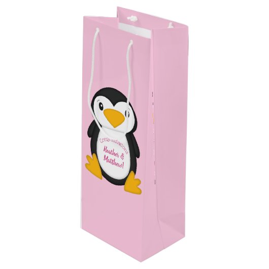 Penguin Baby shower Roze Wijn Cadeautas (Voorkant Gekanteld)