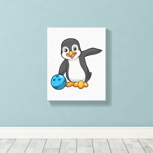 Penguin bij Bowling met Bowling-bal Canvas Afdruk (Insitu (Houten vloer))