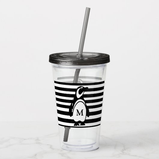 Penguin Black en White Striped Monogram Acryl Drinkbeker (Achterkant)