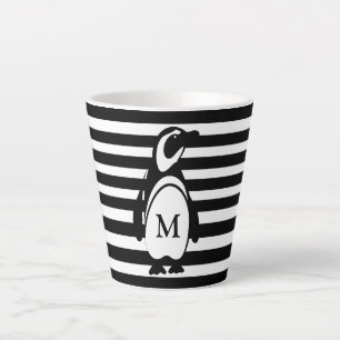 Penguin Black en White Striped Monogram Latte Mok