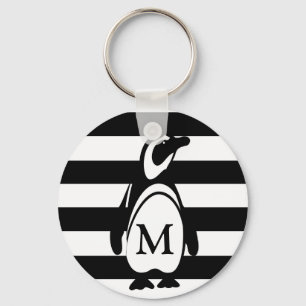 Penguin Black en White Striped Monogram Sleutelhanger