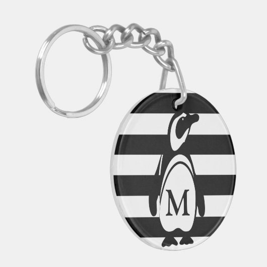 Penguin Black en White Striped Monogram Sleutelhanger (Voorkant Links)