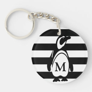 Penguin Black en White Striped Monogram Sleutelhanger