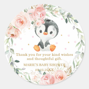 Penguin Blush Floral Baby shower Birthday Party Ronde Sticker