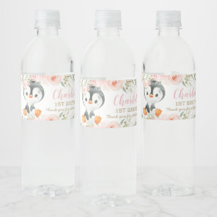 Penguin Blush Floral Baby shower Birthday Party Waterfles Etiket