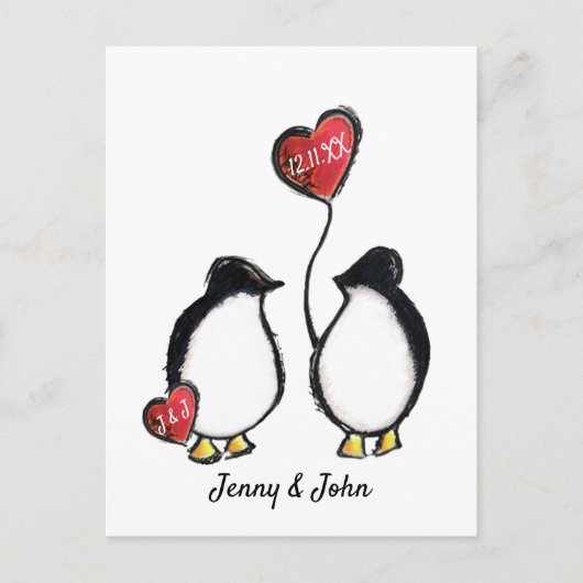 Penguin bruiloft Sla de datum op Feestdagenkaart (Voorkant)