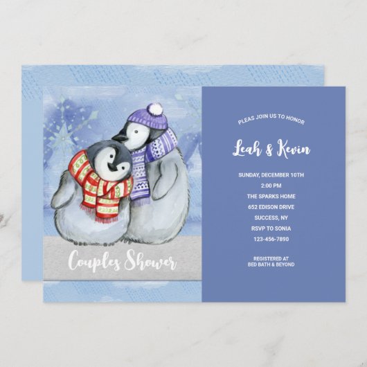 Penguin Couple Couples Douche Invitation (Devant / Derrière)