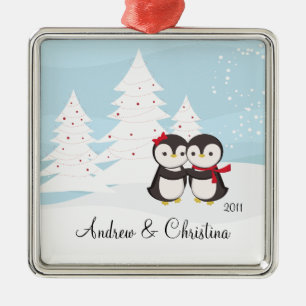 Penguin Couple Love Cute Kerstannament Metalen Ornament