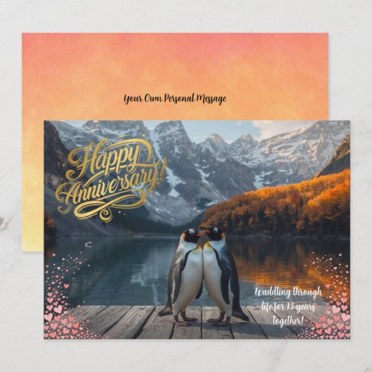 Penguin Couple Scenic Personalized Anniversary Kaart (Voorkant / Achterkant)