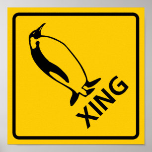 Penguin Crossing Highway Sign Poster