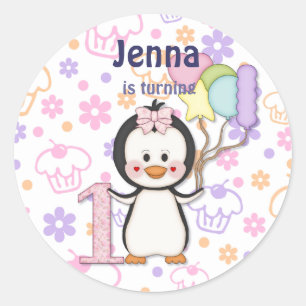 Penguin Cutie-Girl First Birthday Ronde Sticker