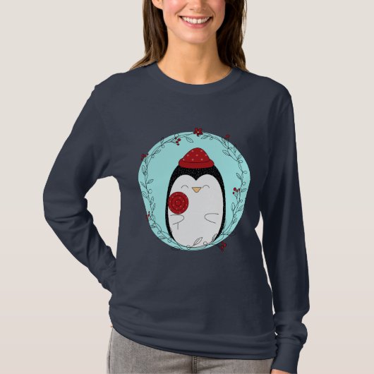 Penguin Doodle Blue Background T-shirt (Voorkant)